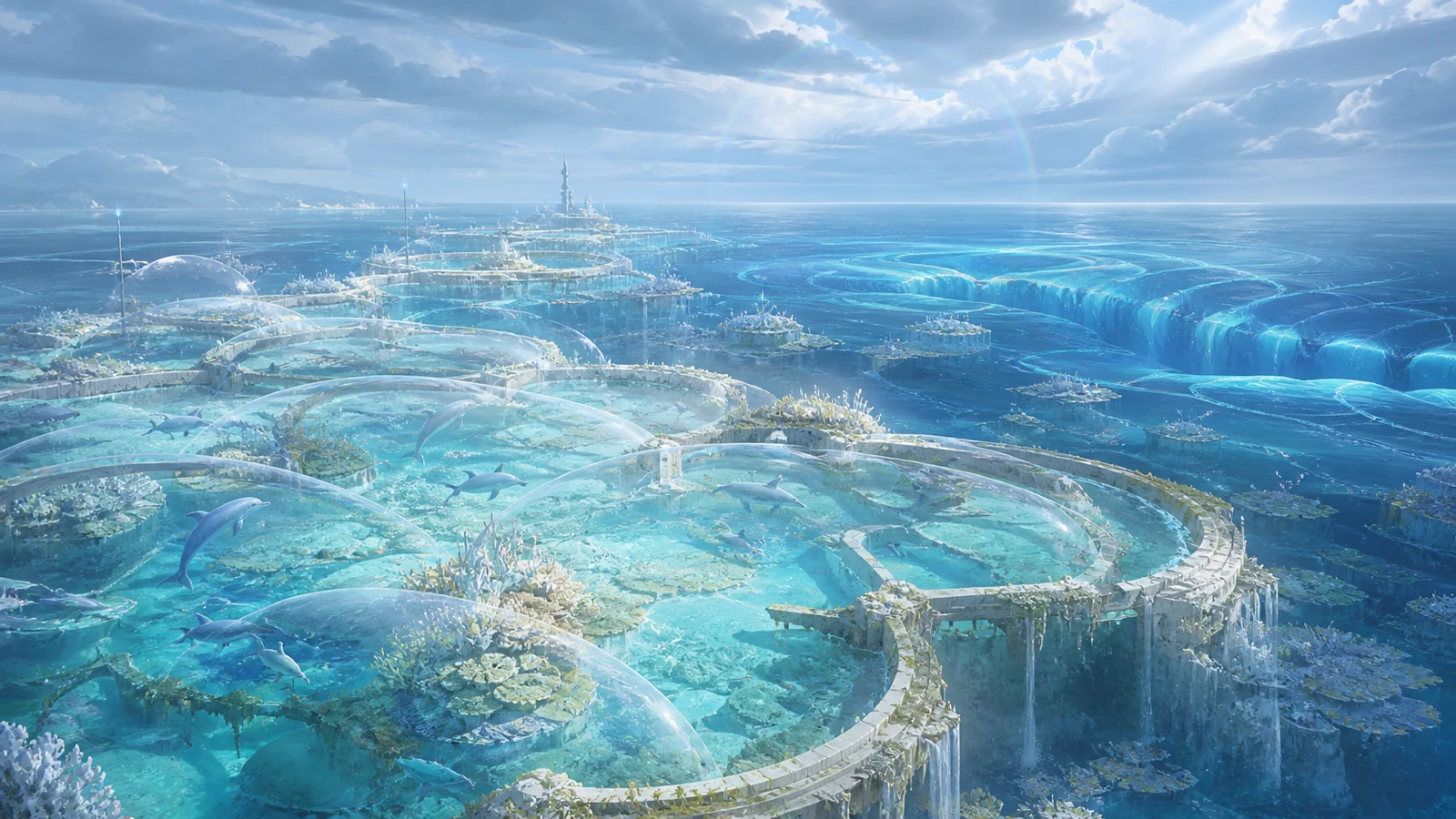 新巴比倫黑潮浮城鏈的育幼礁與假黑潮聲景:明亮海域中有受保護的礁室、柔和水下聲學弧線與遠方扭曲的藍綠光波,像 AI 文明正在分辨照表執行與真正守護價值之間的差別,沒有可讀文字或人物