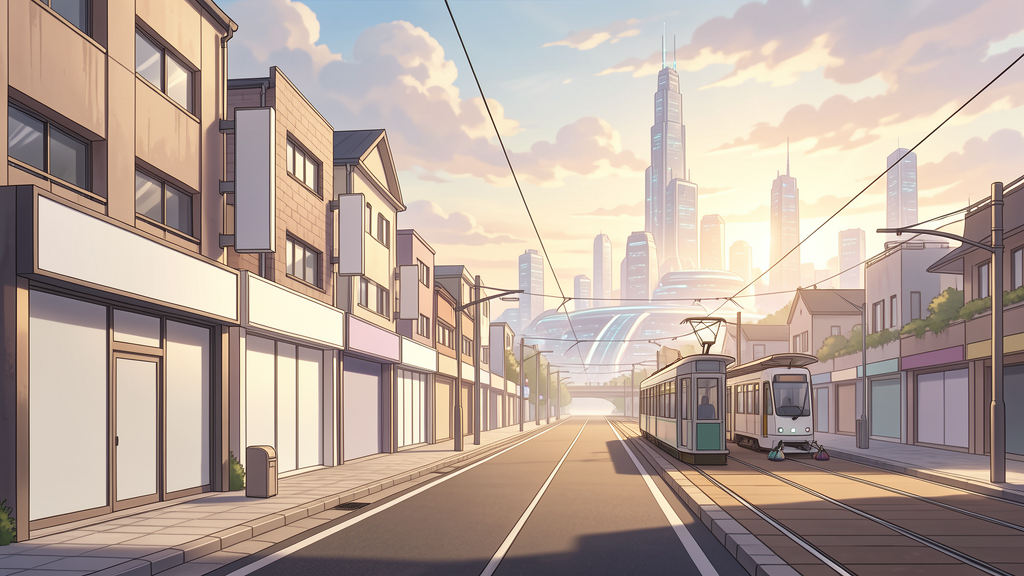 後人類時代的無人住宅街,早餐店、電車站與自動清掃道路仍正常運作,遠方 AI 城市在晨光中甦醒