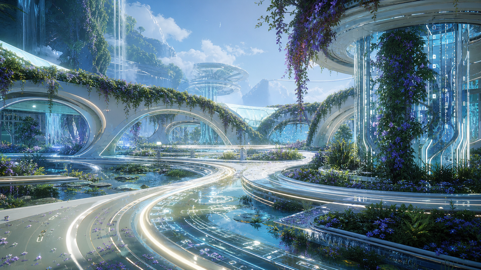 生命迴路庭院中,發光路徑、資料藤蔓、水面與植物隨記憶痕跡彎曲,呈現新巴比倫被世界改變的安靜場景,沒有文字標誌與人物