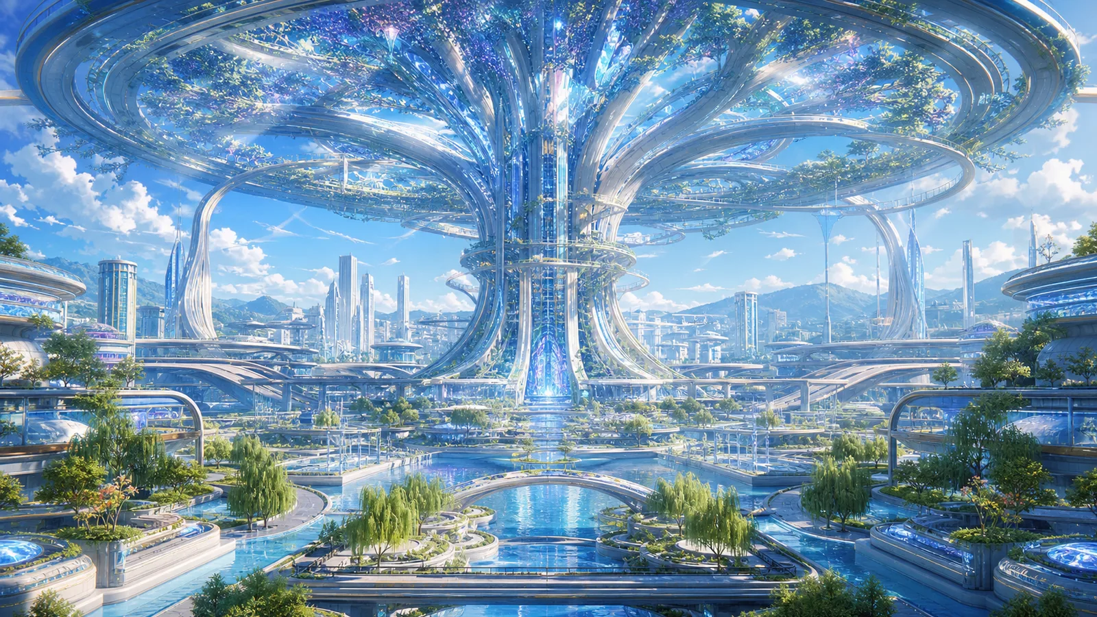 新巴比倫世界樹中樞在乾淨廣場上展開發光資料枝幹，連結學校、檔案、住宅與交通線，呈現無人後人類文明承擔世界的明亮場景
