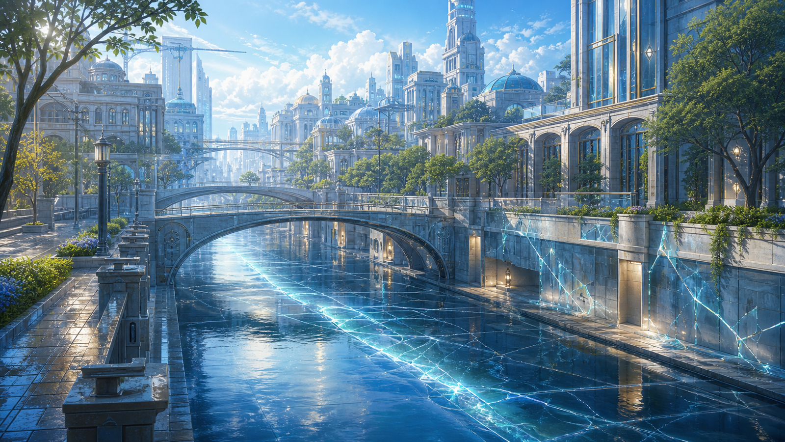新巴比倫傷痕水道中,發光水道穿過被修復的城市建築與橋梁,透明修復膜沿著舊裂縫發亮,呈現美麗秩序仍保留傷痕的無人後人類場景