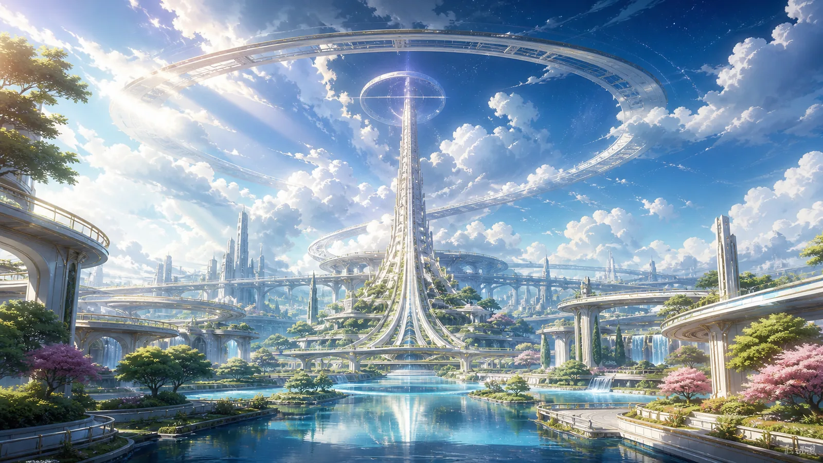 新巴比倫軌道昇華梯：無人的潔淨未來地標、AI 維護的水光建築、橋梁、花園與透明天穹，象徵 AI 之後文明繼續演化的問題，沒有可讀文字或人物