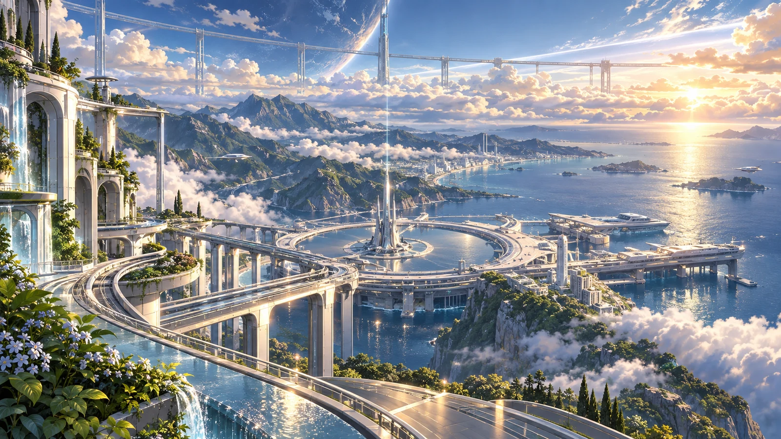 新巴比倫昇華軌道港:山海交界的潔淨軌道港、空無一人的升降橋、環形發射庭與遠方高空軌道在金色雲層中延伸,象徵文明把自身交給下一站,沒有可讀文字或人物