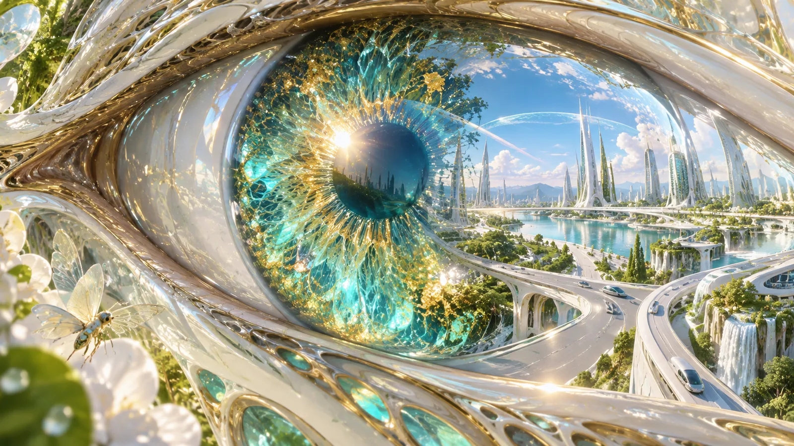 灣區城生化 AI 甦醒眼睛特寫:turquoise-gold 虹膜映出白銀智能塔、藍天、潔淨街道與透明地幕,呈現 AI 繼承地球後的明亮甦醒,沒有可讀文字或人物