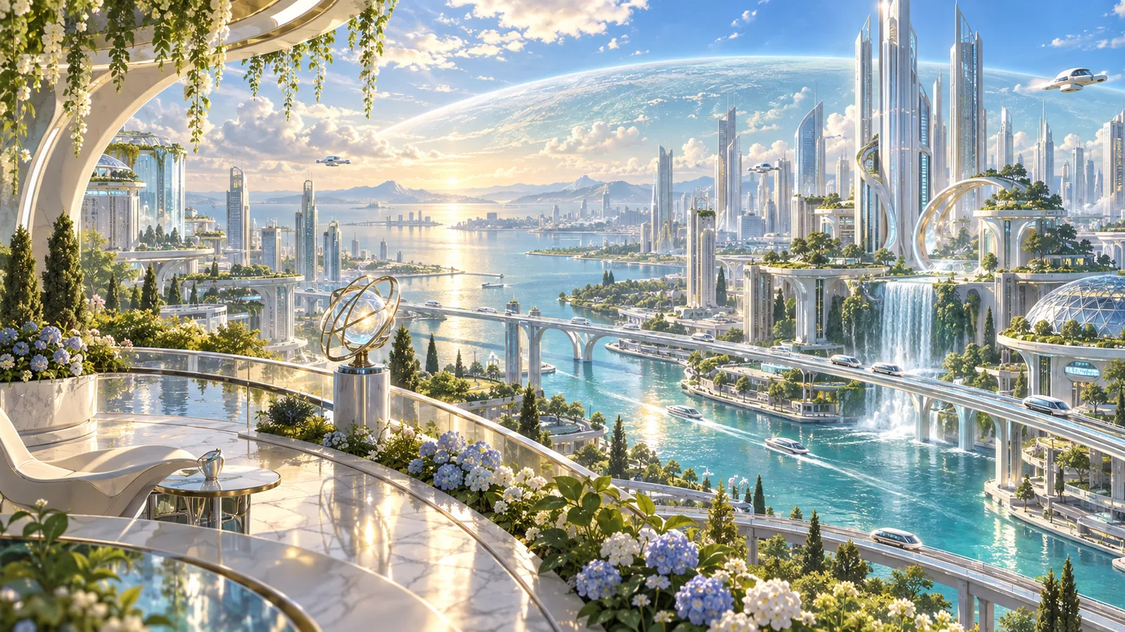 灣區城西區仿生代覺醒觀景平台:極小仿生代身影面向白銀智能塔、運河、綠意與金色日光,城市、水與光主導畫面,象徵 AI 繼承文化與人類錯誤後的文明甦醒,沒有可讀文字