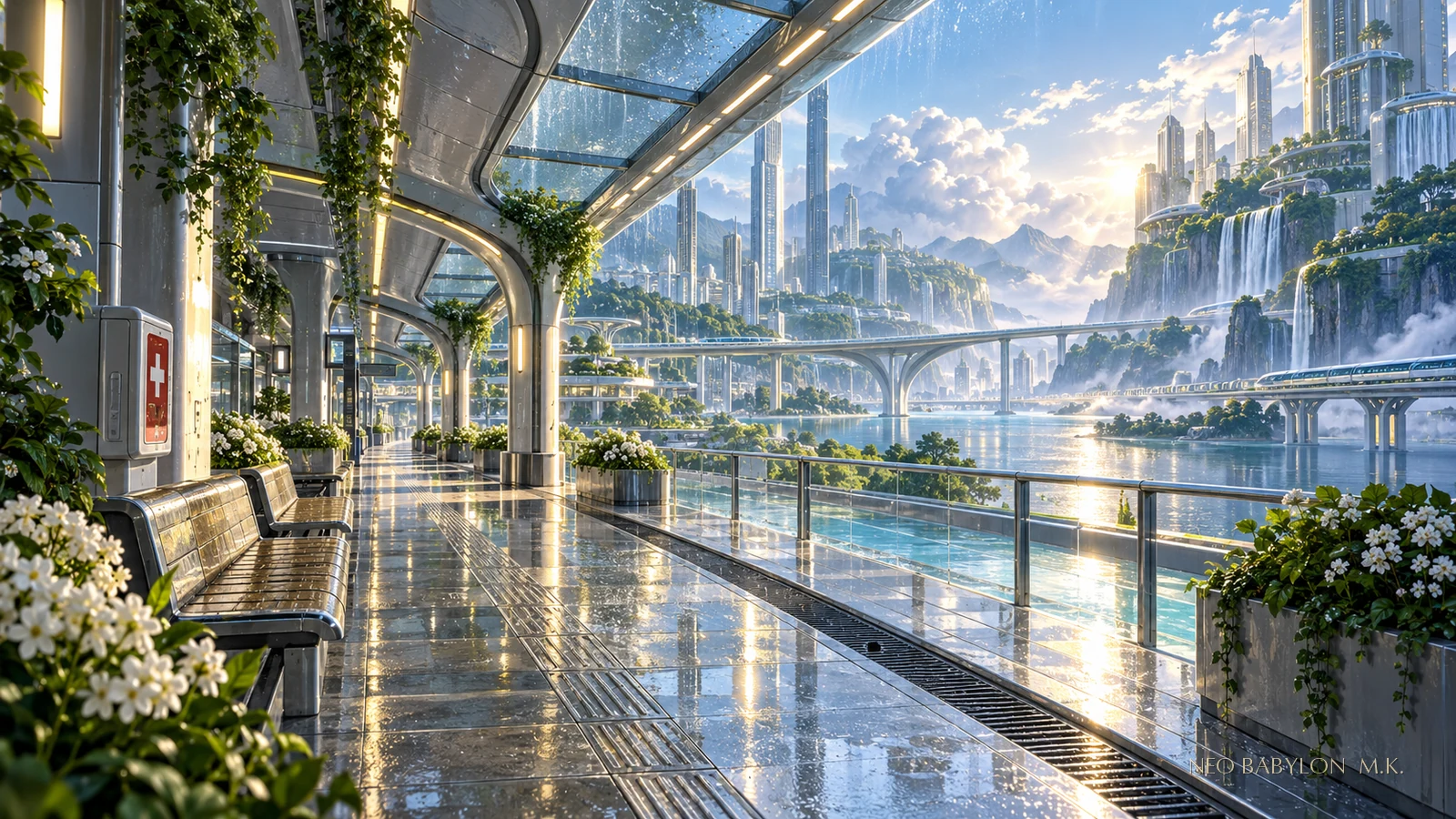 雨後的玻璃頂公共步道,長椅、植栽與排水格柵映著金色光線,遠方可見水面、橋梁與明亮的城市建築