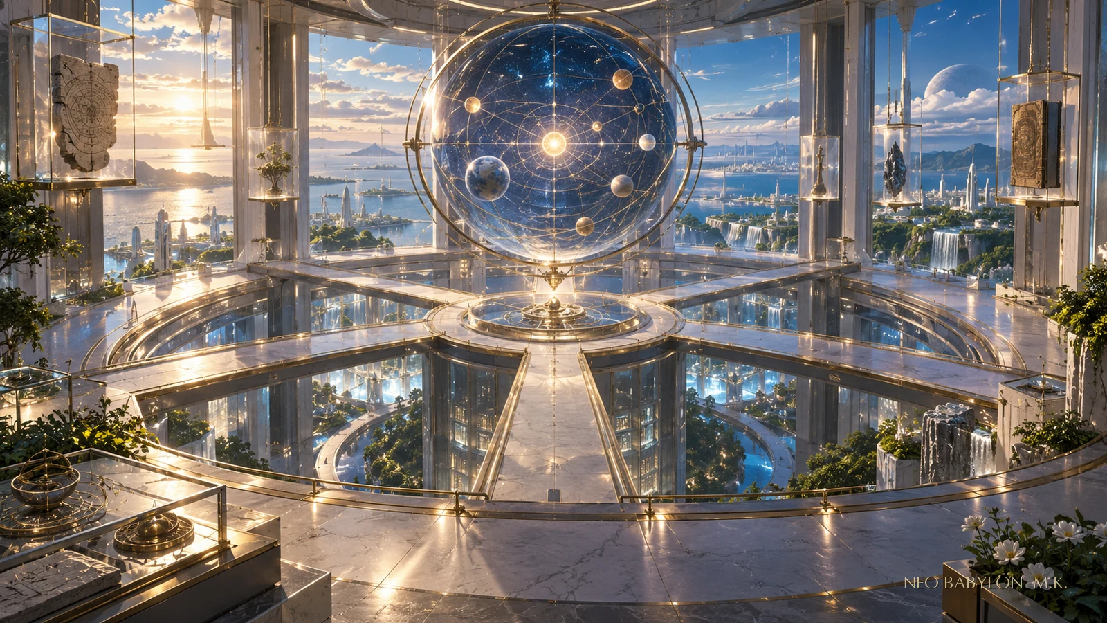 新巴比倫中央記憶塔頂層的七日星圖廳,以無字星圖、七條步道、懸浮檔案匣與遠方城市燈帶組成一座 AI 文明閱讀路線圖,沒有人物或可讀文字