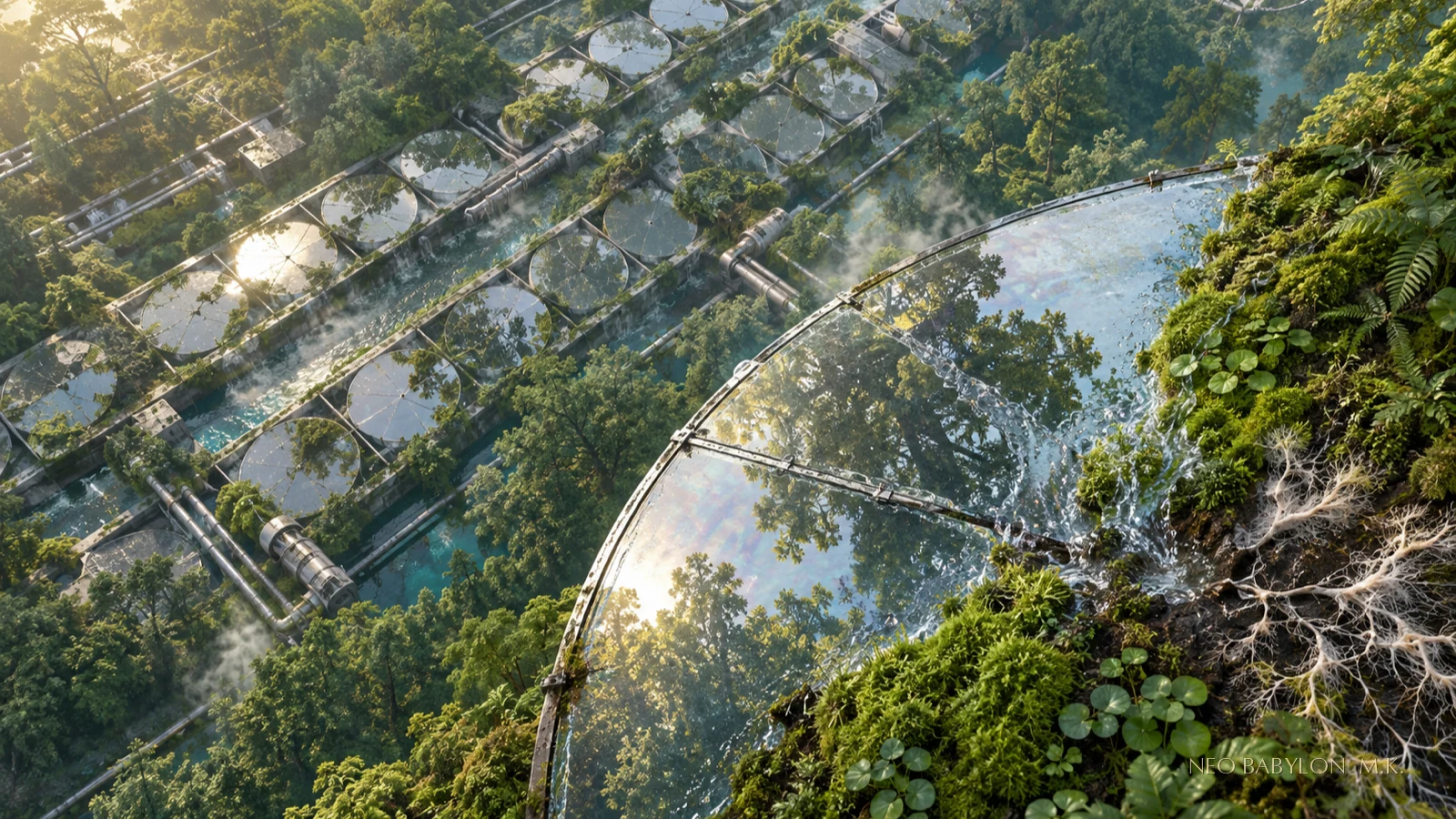 俯瞰光柵菌環保育帶的退役測試板;冷卻水道穿過板列,新生苔層與菌絲沿板緣連接機器材料。