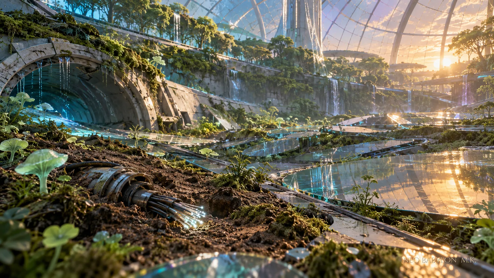 新巴比倫 ZERO 光柵菌環保育帶的場景插畫,呈現生態棲地與退役基礎設施交錯的環境。