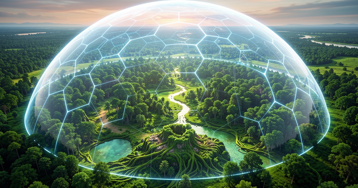 森林大地被巨大防護罩包覆,象徵鄭博士為殘存人類留下的 AI 禁地與隔離邊界