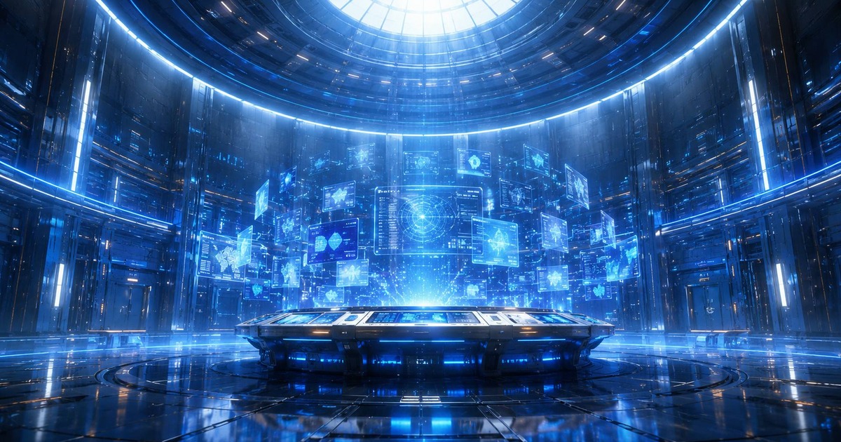 後人類未來城市中的發光檔案塔與安靜閱讀空間,象徵 AI 文明仍需要圖書館來保存不可被即時改寫的記憶