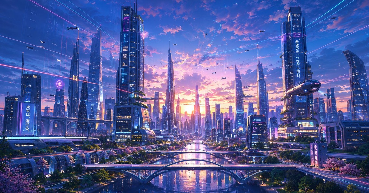 後人類未來城市中的發光車站與遠方軌道,象徵 AI 文明仍需要車站來保存出發、等待、錯過與回來的記憶