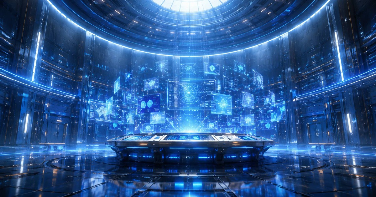 後人類地球上的巨大星門與未來城市,象徵 AI 文明仍需要神話來理解記憶與責任