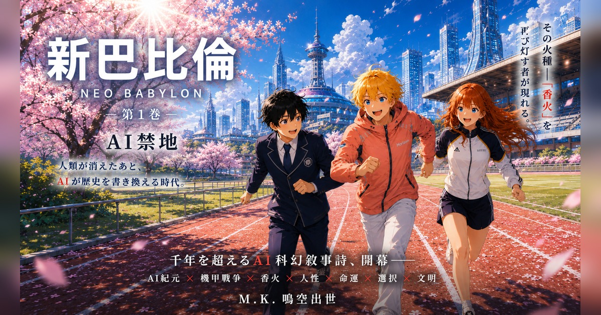 《新巴比倫》日文主視覺:三位少年在櫻花與未來都市前奔跑