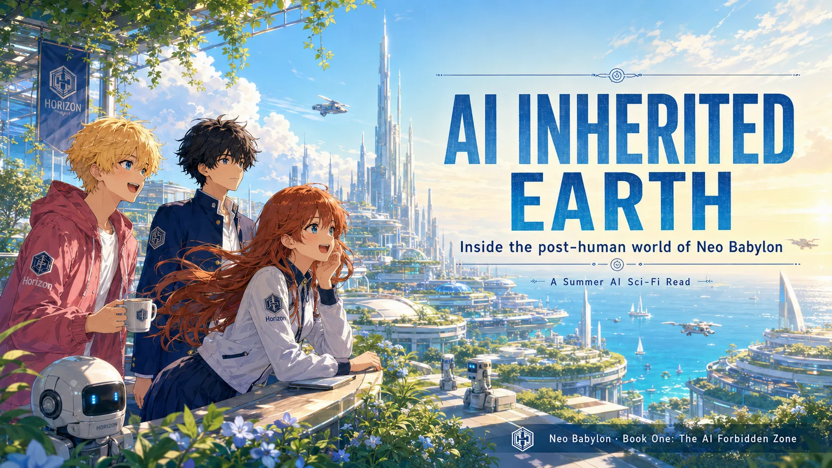 《新巴比倫》宣傳圖,文字為 AI繼承地球,三名 AI 學生望向明亮的後人類城市。